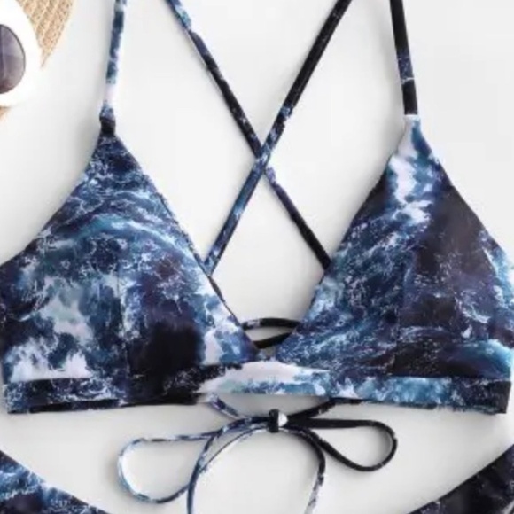 Zaful Bikini Swim Wear Swim Suit Top Blue Marble Print Lace Up Back Size 4 Small - Picture 6 of 6